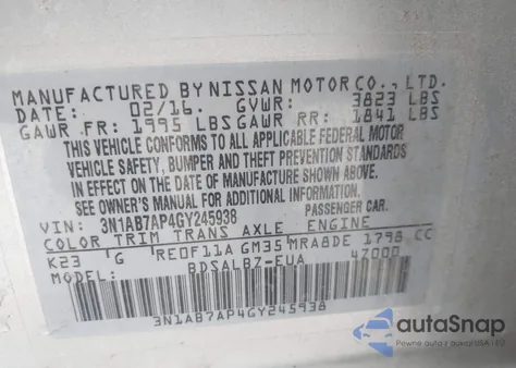 2016 Nissan Sentra Fe+ S/S/Sl/Sr/Sv z USA, uszkodzony, nr VIN 3N1AB7AP4GY245938